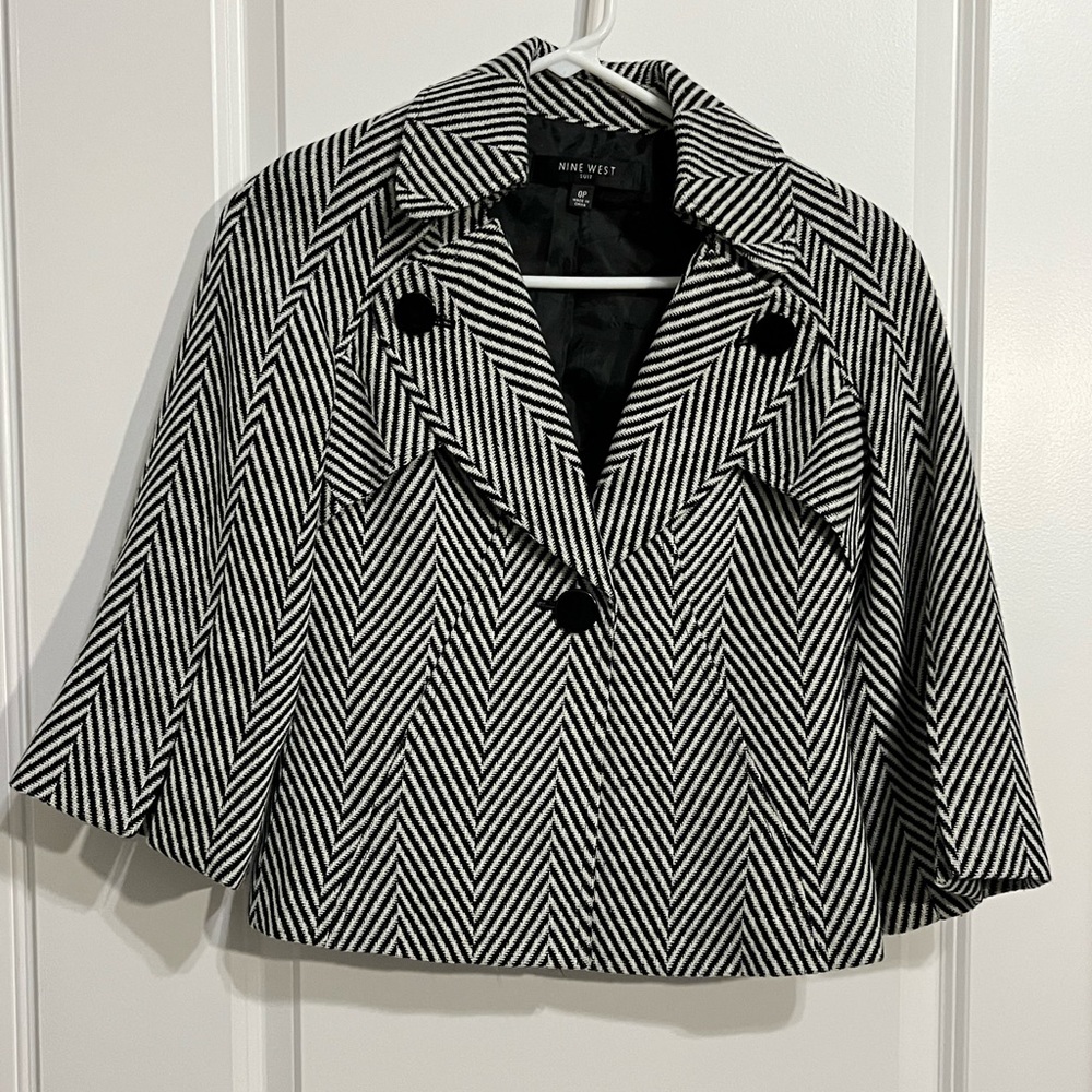 Womens Jacket Blazer Nine West Lined 3/4 Sleeve Checkered Front Pockets Workwear